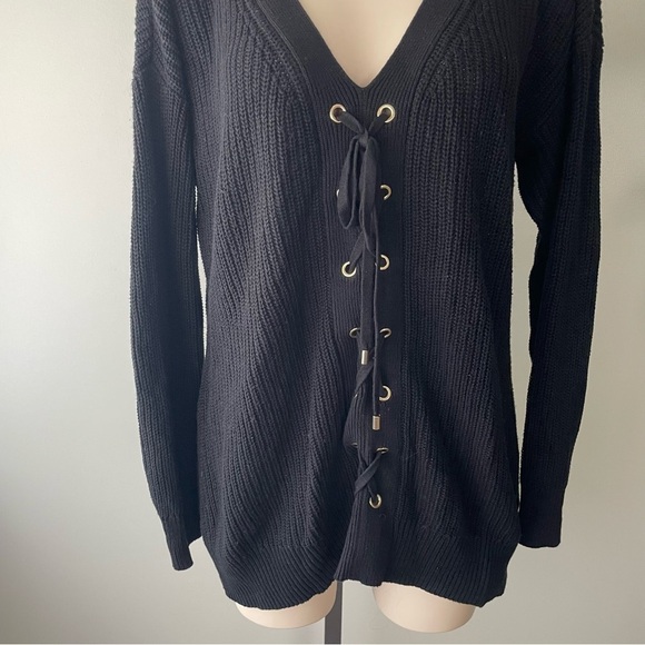 Guess Lace Up Long Knit Sweater Longline Black Vneck Boho Bohemian Size XL - Picture 4 of 6